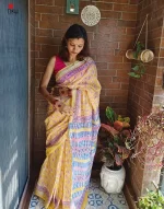 Golden pink - Hand Block Printed Cotton Linen Saree