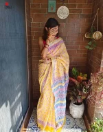 Golden pink - Hand Block Printed Cotton Linen Saree - Image 2