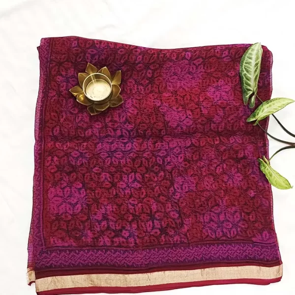 Pink Flower - Hand Block Print Kota Silk Doria Saree