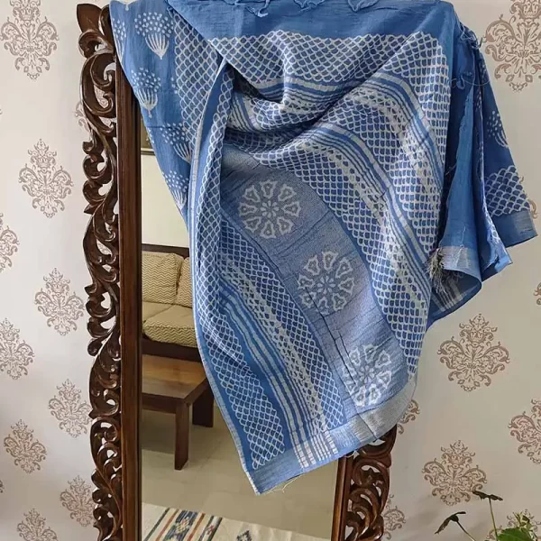 Ocean Blue - Hand Block Printed Cotton Linen Saree