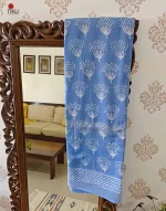 Ocean Blue - Hand Block Printed Cotton Linen Saree - Image 3