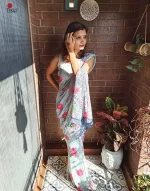 Gray Red Floral Printed Light Weight Saree
