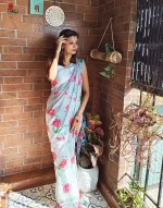 Gray Red Floral Printed Light Weight Saree - Image 2