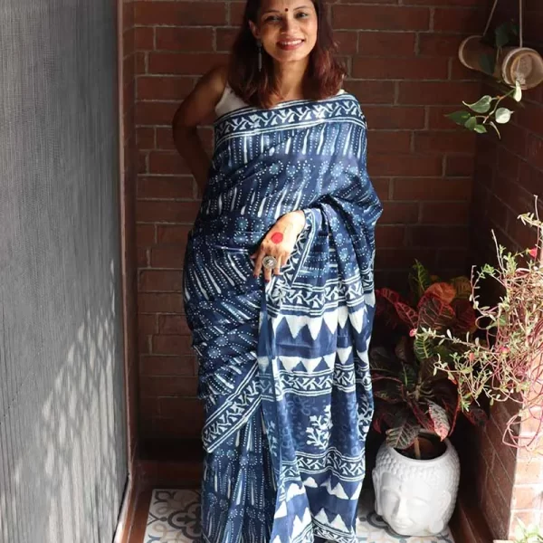 Indigo Azure Symphony- Hand Block Print Mulmul Cotton Saree