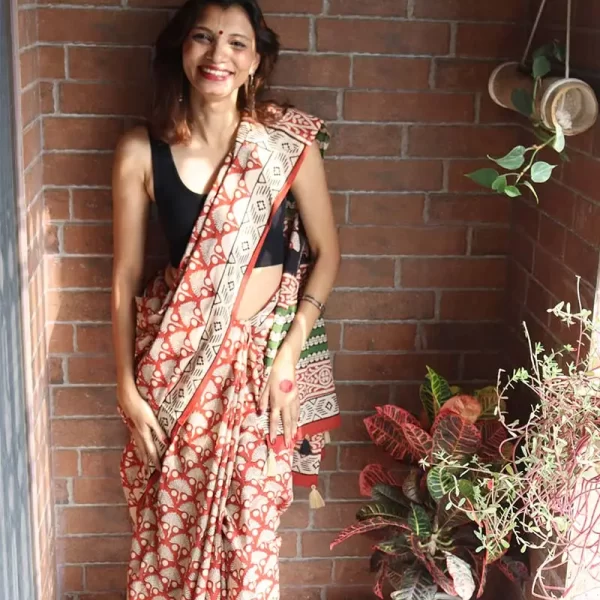 Indie Trio Red  - Hand Block Print Mulmul Cotton Saree